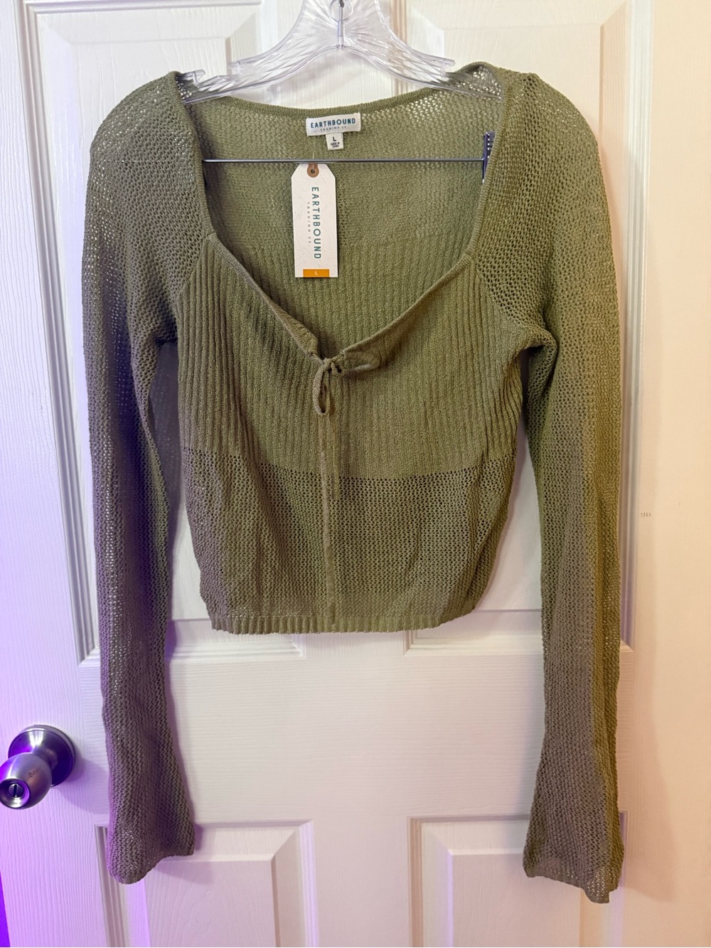 Earthbound Olive Green Knit Tie-Front Long Sleeve Top